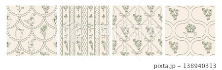 Charming cottagecore vector set with flowers, animals, garden tools and cozy elements. Hand drawn line art in soft green palette. Editable stroke. Perfect for prints, stickers, branding and decor. 138940313