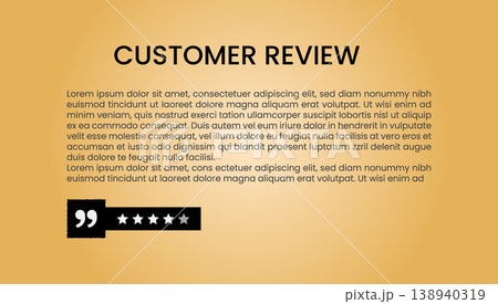 Bold customer review heading with quote icon and five star rating on beige 138940319