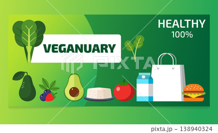 Veganuary healthy lifestyle with fresh produce and burger milk carton campaign 138940324