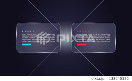 Two futuristic glowing digital panels displaying text reviews with star ratings 138940326