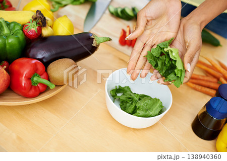 Woman, hands and bowl of lettuce in kitchen for salad, diet or natural nutrition on wooden table at home. Closeup of female person or vegetarian preparing vegetables for vegan meal or healthy snack Woman, hands and bowl of lettuce in kitchen for salad, diet or natural nutrition on wooden table at home. Closeup of female person or vegetarian preparing vegetables for vegan meal or healthy snack 138940360