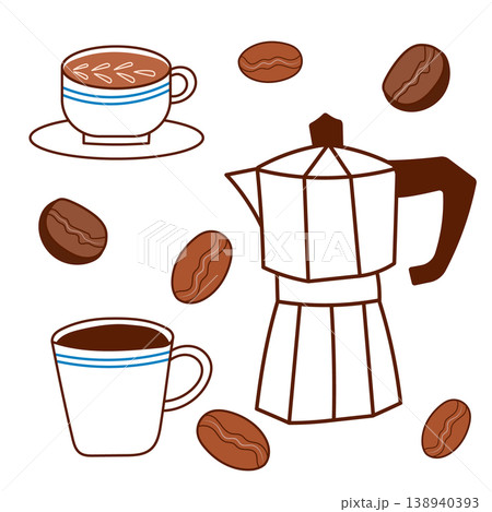 Coffee set with moka pot espresso cup and beans 138940393