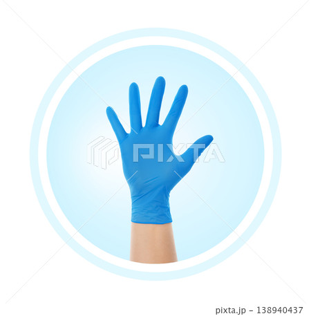Medical icon showing an open hand in a blue glove making a stop or five gesture. Healthcare, protection, and safety concept graphic isolated on a white background. Medical icon showing an open hand in a blue glove making a stop or five gesture. Healthcare, protection, and safety concept graphic isolated on a white background. 138940437