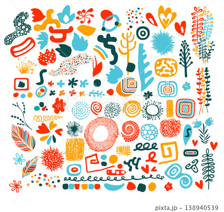 Big set of Hand drawn various colorful shapes and doodle objects. Abstract contemporary modern trendy vector illustration. All elements are isolated. Logo, colors, flower. Hand drawn. Not AI 138940539