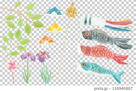 水彩の鯉のぼりと菖蒲の五月イラストセット 138940807