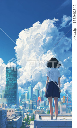 積乱雲と都市風景を眺める女子高生の後ろ姿 138940842