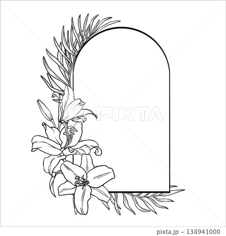 Black and white floral arch frame. Vertical frame of tropical flowers and leaves. Vector Bouquet of Lilies in line art style. Vector monochrome illustration with line art flowers. EPS10 138941000