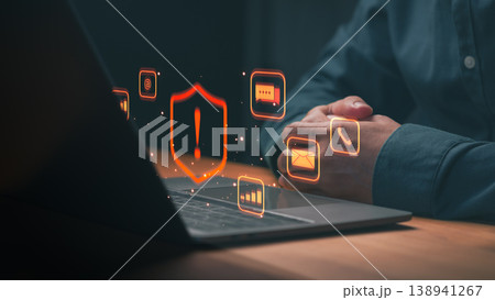 Cybersecurity and data protection on laptop. Privacy technology for internet safety with security alert and firewall icons. Prevent hacker attacks on network information. 138941267