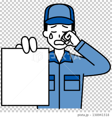 A man in overalls cries while showing documents. A man in overalls cries while showing documents. 138941318