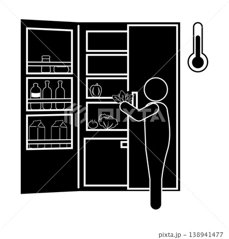 冷蔵庫に食品を入れる人のモノクロピクトグラム　低温保存・食中毒予防 138941477