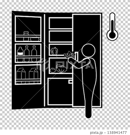 冷蔵庫に食品を入れる人のモノクロピクトグラム　低温保存・食中毒予防 138941477