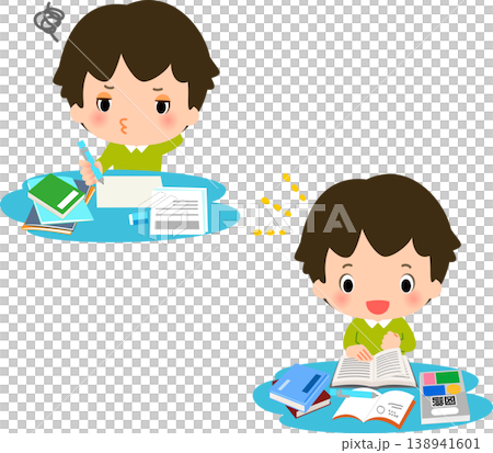 A boy reluctantly doing his homework and a boy happily studying. A boy reluctantly doing his homework and a boy happily studying. 138941601