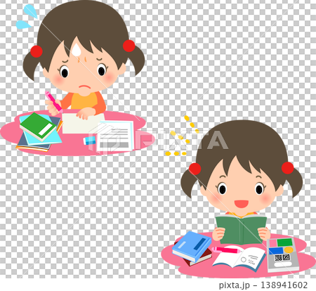 A girl struggling with her homework and another girl enjoying studying. 138941602
