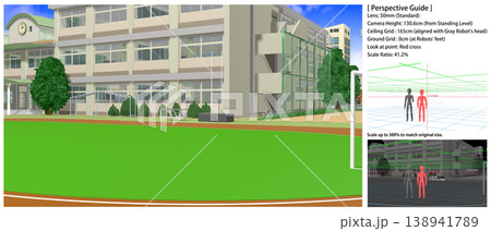 学校の景色:運動場・中庭から撮影した各種アングル(アニメの背景画に便利なパースガイドデータ付きです) 学校の景色:運動場・中庭から撮影した各種アングル(アニメの背景画に便利なパースガイドデータ付きです) 138941789