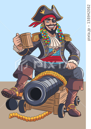 Colorful pirate captain sitting on cannon with mug vector illustration Colorful pirate captain sitting on cannon with mug vector illustration 138942082