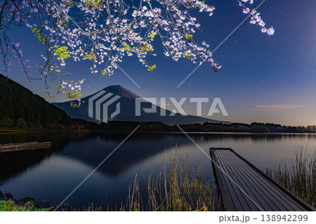 （静岡県）田貫湖　湖畔の桜と富士山　夜明け前 138942299
