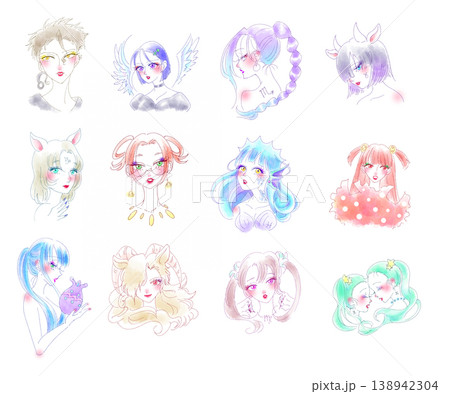 12星座 擬人化 女の子 イラスト セット 占い 水彩風 美人画 138942304