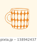 Hand drawn vector illustration of a vintage ceramic mug with yellow and white geometric patterns. Simple doodle graphic of a retro coffee cup for kitchen interior or mid century style design 138942437