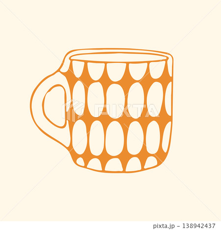Hand drawn vector illustration of a vintage ceramic mug with yellow and white geometric patterns. Simple doodle graphic of a retro coffee cup for kitchen interior or mid century style design 138942437
