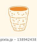 Hand drawn vector illustration of a rustic handmade pottery mug with rough texture, horizontal yellow stripes. Cozy doodle graphic of ceramic coffee cup for farmhouse kitchen interior or craft market 138942438