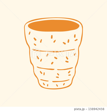 Hand drawn vector illustration of a rustic handmade pottery mug with rough texture, horizontal yellow stripes. Cozy doodle graphic of ceramic coffee cup for farmhouse kitchen interior or craft market Hand drawn vector illustration of a rustic handmade pottery mug with rough texture, horizontal yellow stripes. Cozy doodle graphic of ceramic coffee cup for farmhouse kitchen interior or craft market 138942438