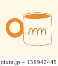 Vector illustration of a white ceramic mug with a solid yellow round handle and wavy abstract lines. Trendy doodle graphic of a modern coffee cup for stylish kitchen decor or food photography 138942445