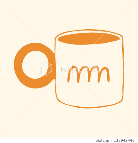 Vector illustration of a white ceramic mug with a solid yellow round handle and wavy abstract lines. Trendy doodle graphic of a modern coffee cup for stylish kitchen decor or food photography Vector illustration of a white ceramic mug with a solid yellow round handle and wavy abstract lines. Trendy doodle graphic of a modern coffee cup for stylish kitchen decor or food photography 138942445