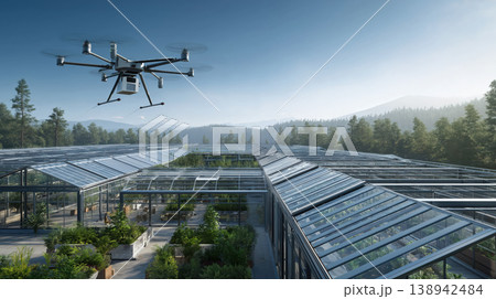 Futuristic eco farm rooftop powered by AI irrigation drone over modern greenhouse complex 138942484