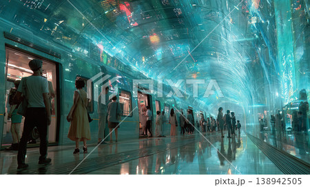 Futuristic subway station neon light digital hologram crowd train tunnel modern city vibe sci fi atmosphere Futuristic subway station neon light digital hologram crowd train tunnel modern city vibe sci fi atmosphere 138942505