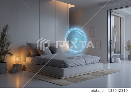 Futuristic bedroom smart home hologram alarm minimal design modern interior cozy lighting serene futuristic bedroom with Futuristic bedroom smart home hologram alarm minimal design modern interior cozy lighting serene futuristic bedroom with 138942519