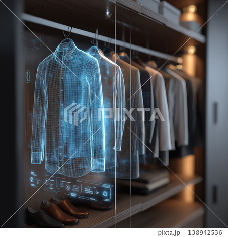 Futuristic wardrobe virtual clothing hologram shirt smart closet digital fashion modern interior technology Futuristic wardrobe virtual clothing hologram shirt smart closet digital fashion modern interior technology 138942536