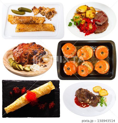 Set of Russian cuisine dishes at plates isolated on white Set of Russian cuisine dishes at plates isolated on white 138943514