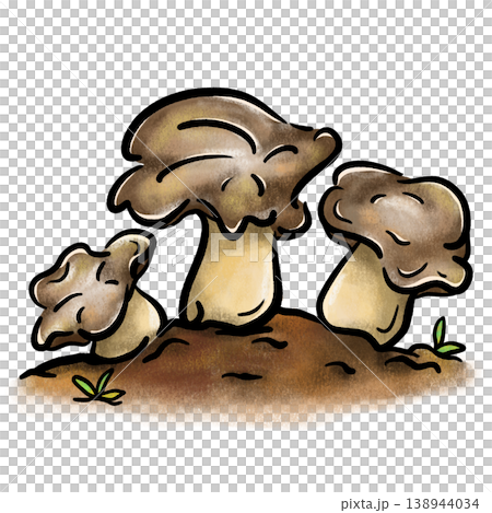 Three stylized mushrooms emerge from the brown soil cartoon crayon illustration Three stylized mushrooms emerge from the brown soil cartoon crayon illustration 138944034