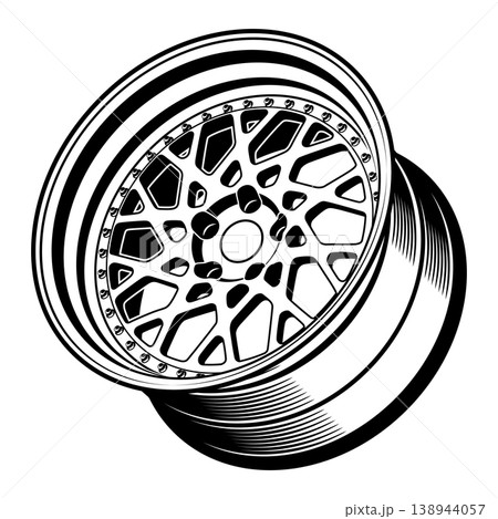 Black and white stylized car wheel design. 138944057