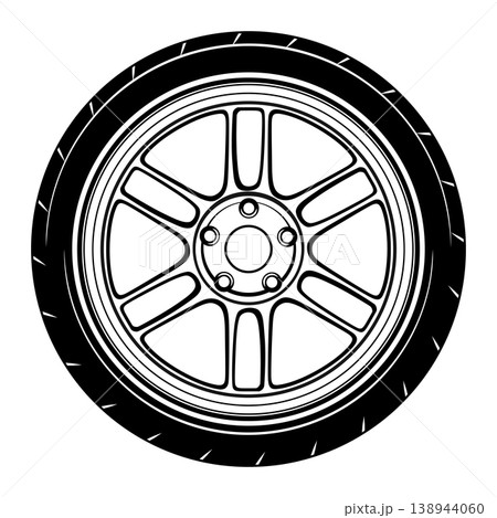 Black and white stylized car wheel design. 138944060