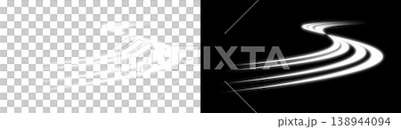 White S-shaped light trails shining against transparent and black backgrounds. White S-shaped light trails shining against transparent and black backgrounds. 138944094