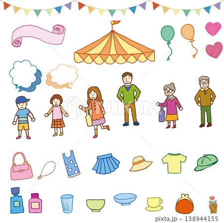 お出かけする家族とフリーマーケット素材のカラフルな手書きイラストセット 138944155