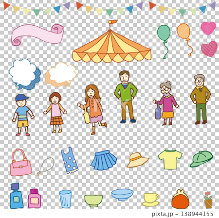 お出かけする家族とフリーマーケット素材のカラフルな手書きイラストセット 138944155