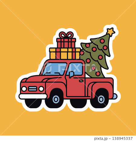 Red Pickup Truck with Christmas Tree and Gifts	 138945337