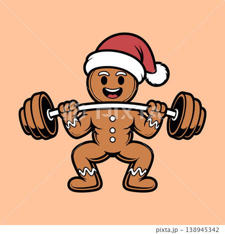 Strong Gingerbread Man Lifting Weights Christmas Illustration	 138945342