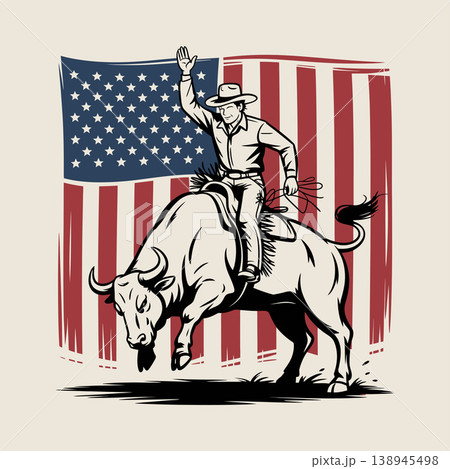 Cowboy Riding Bull with American Flag Rodeo Illustration Cowboy Riding Bull with American Flag Rodeo Illustration 138945498