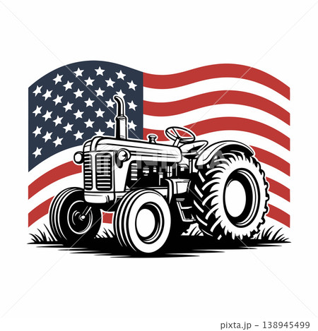 Vintage Tractor with American Flag Illustration Vintage Tractor with American Flag Illustration 138945499