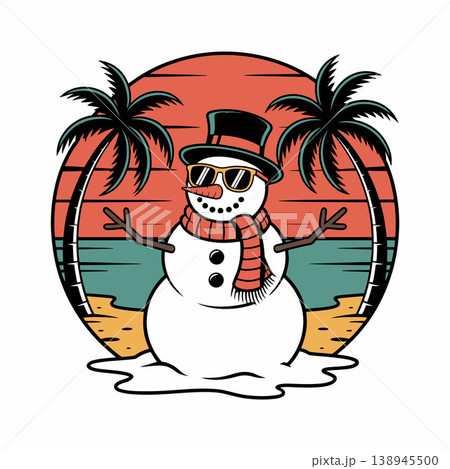 Melting Snowman on Tropical Beach Holiday Illustration	 138945500