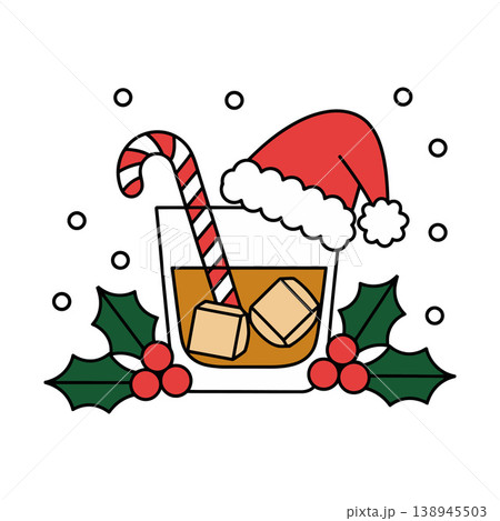 Holiday Drink with Santa Hat and Candy Cane Illustration	 138945503