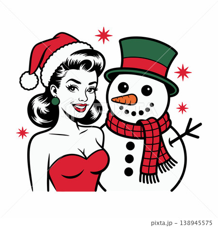 Retro Woman with Snowman Christmas Scene Illustration Retro Woman with Snowman Christmas Scene Illustration 138945575