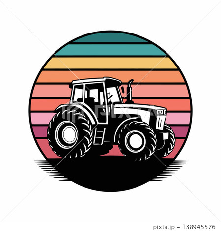 Tractor with Sunset Striped Circle Illustration	 138945576