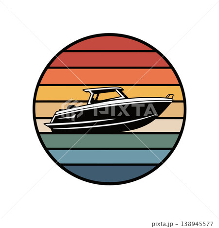 Motorboat in Retro Sunset Circle Illustration Motorboat in Retro Sunset Circle Illustration 138945577
