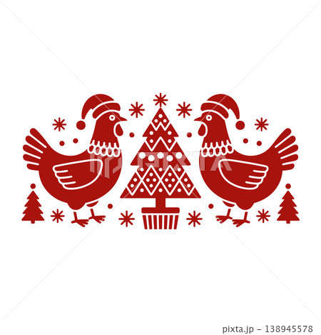 Chickens with Christmas Tree Holiday Scene Illustration	 138945578