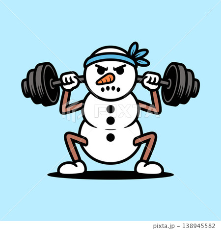 Snowman Lifting Barbell Cartoon Illustration Snowman Lifting Barbell Cartoon Illustration 138945582