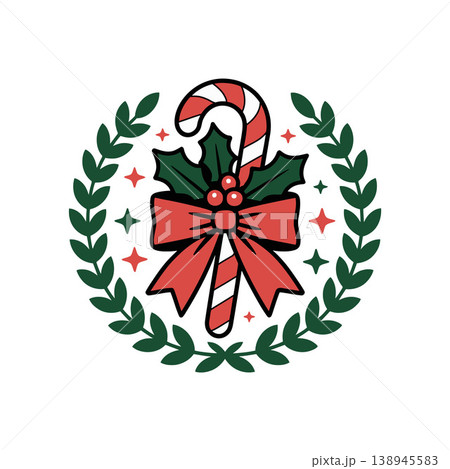 Candy Cane with Holly Wreath Illustration 138945583